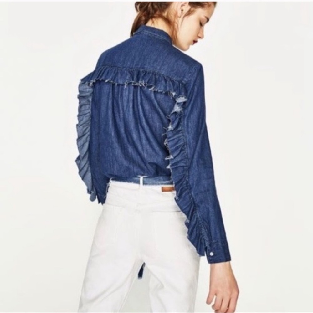 NWT Zara Trafaluc Ruffled Denim Button Down